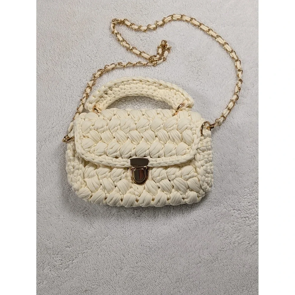 Ivory Chunky Knit Crossbody Bag Gold Chain Strap Mini Top Handle Boho